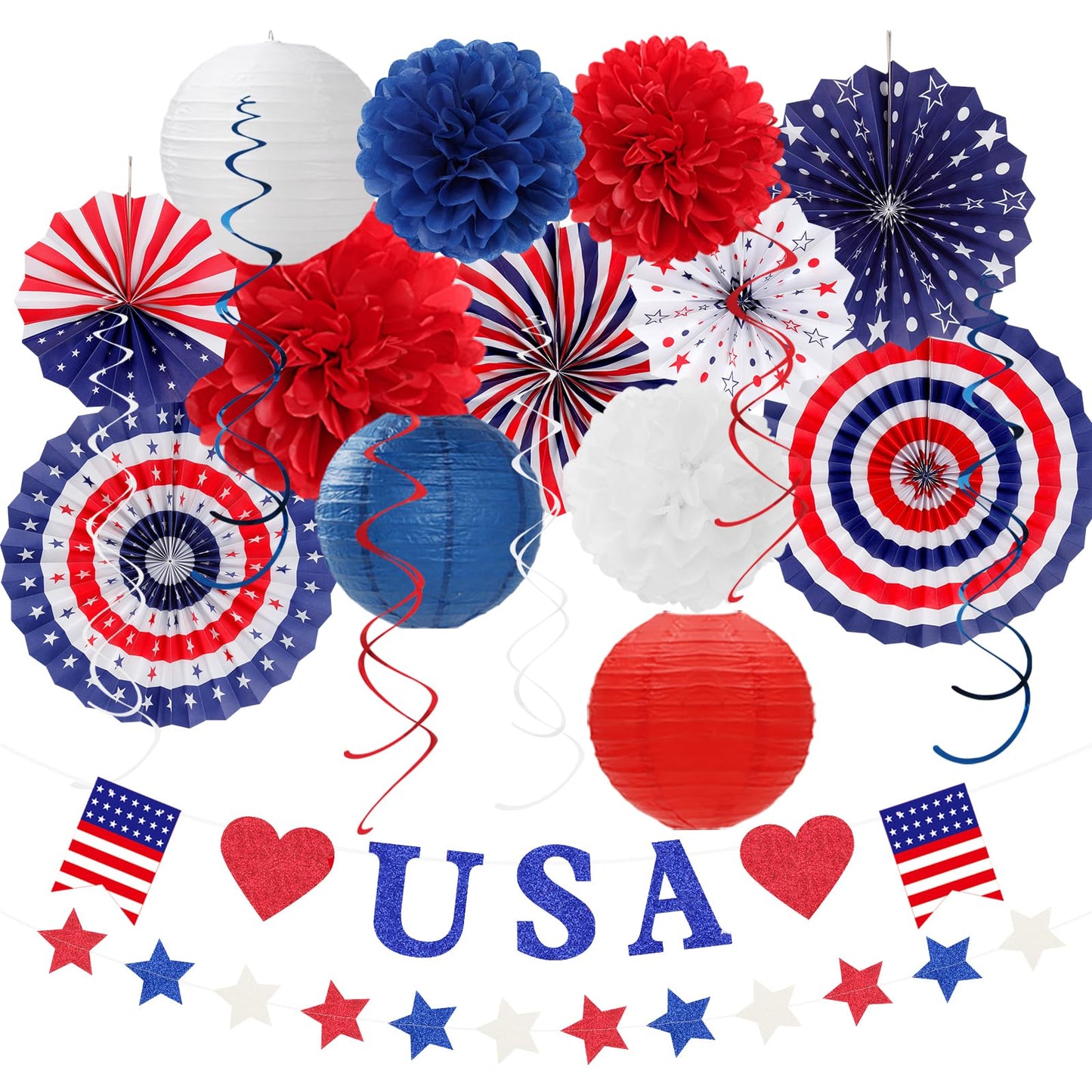 Red-White Blue Memorial-Day Patriotic Decorations - 21pcs 4th Fourth of July Americana Banner Garland,Independence Party Decor Paper Streamers Lanterns,Flower Tissue Pom Poms Fan Supplies Huglony