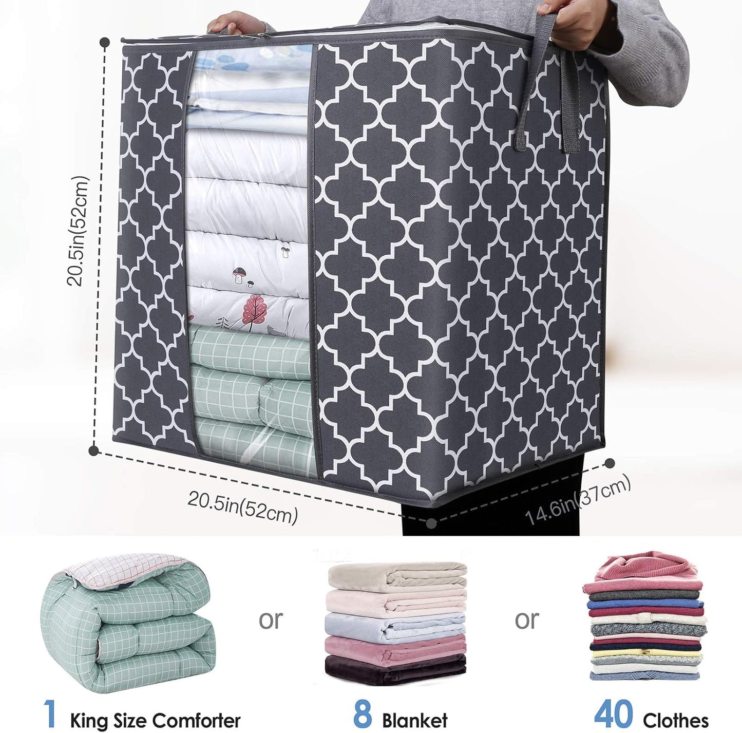 WISELIFE Storage Bags - 4 Pack 100L Large Blanket and Clothes Organizers | Foldable with Reinforced Handles, Clear Window, Gray