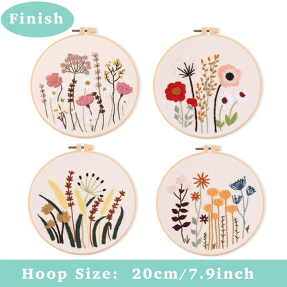 REEWISLY 4ps Embroidery Starter kit with Flowers Patterns and Instructions, DIY Adult Beginner Cross Stitch Kits, Including 2 Plastic Embroidery Hoop, 1 Pair of Scissors, Colored Threads and Needles