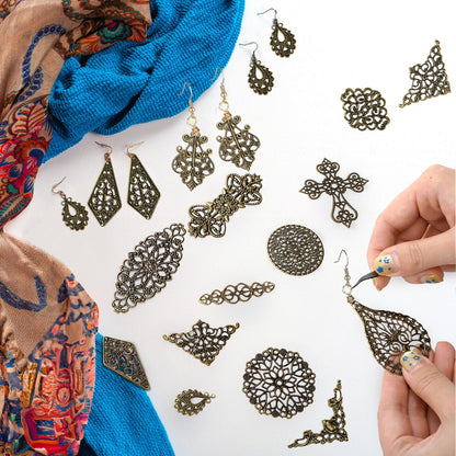 ZOOFOX 120 Pieces Filigree Connectors Charms, Mixed Vintage Earring Necklace Charms Collection, Filigree Metal Embellishments for DIY Jewelry Making, Antique Bronze