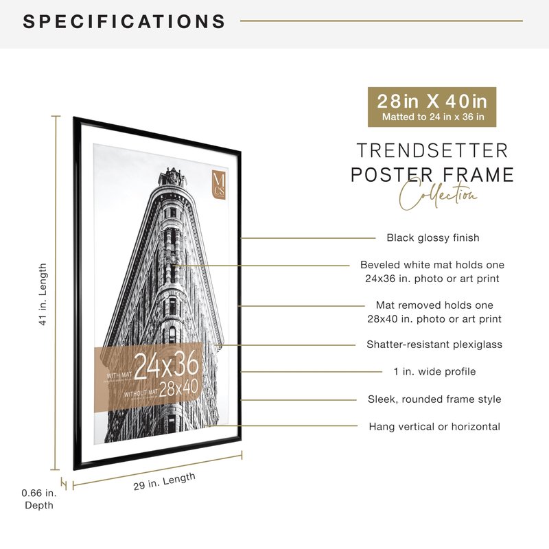 MCS Trendsetter 28x40 Poster Frame, Display Pictures 24x36 With Mat or 28x40 Without Mat, Vertical & Horizontal Wall Hanging Large Picture Frame for Photos & Posters, Black (1-Pack)