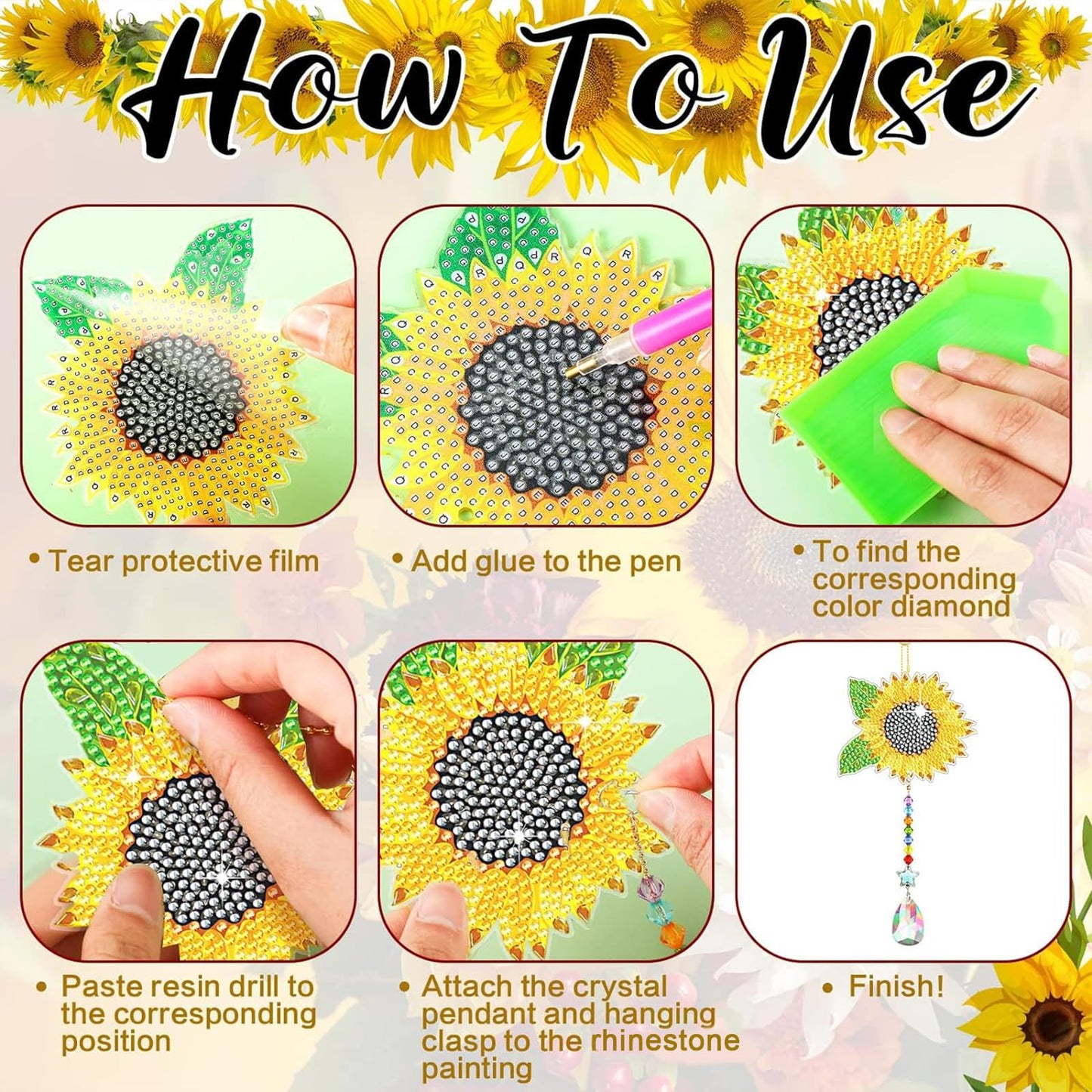 Tradder 6 Pcs Sunflower Diamond Art Kits Suncatchers for Adults Sunflower Wind Chimes Double Sided Butterfly Ornaments with Crystal Pendant for Adults DIY Summer Home Garden Hanging Ornament