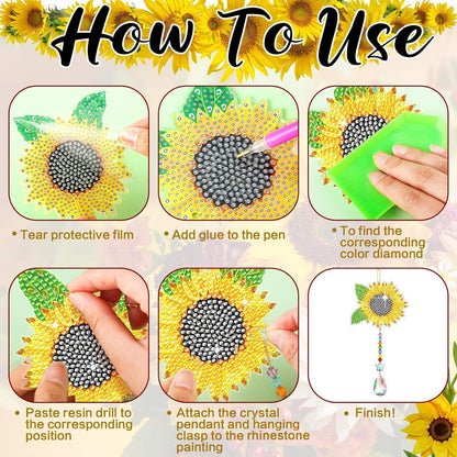 Tradder 6 Pcs Sunflower Diamond Art Kits Suncatchers for Adults Sunflower Wind Chimes Double Sided Butterfly Ornaments with Crystal Pendant for Adults DIY Summer Home Garden Hanging Ornament