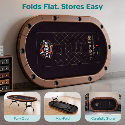 SereneLife 7ft Poker Table for 10 Players - Heavy Duty Oval Texas Hold'em Casino Table for Game Room, 25mm Reinforced Metal Legs, Durable Black PVC Rail, 10 Deep Cup Holders & Professional Layout
