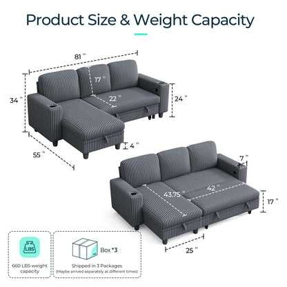 LINSY Home Sleeper Sofa Couch with Storage Chaise & USB Charging, Convertible Sectional Pull Out Sofa Bed with Plush Corduroy Fabric, Modular Sectional Couches for Living Room Apartment (Grey)