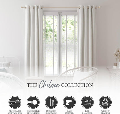 Kenney Chelsea Ball End Window Curtain Rod, Adjustable for Windows 28 to 48 Inches, Soft Brass Gold