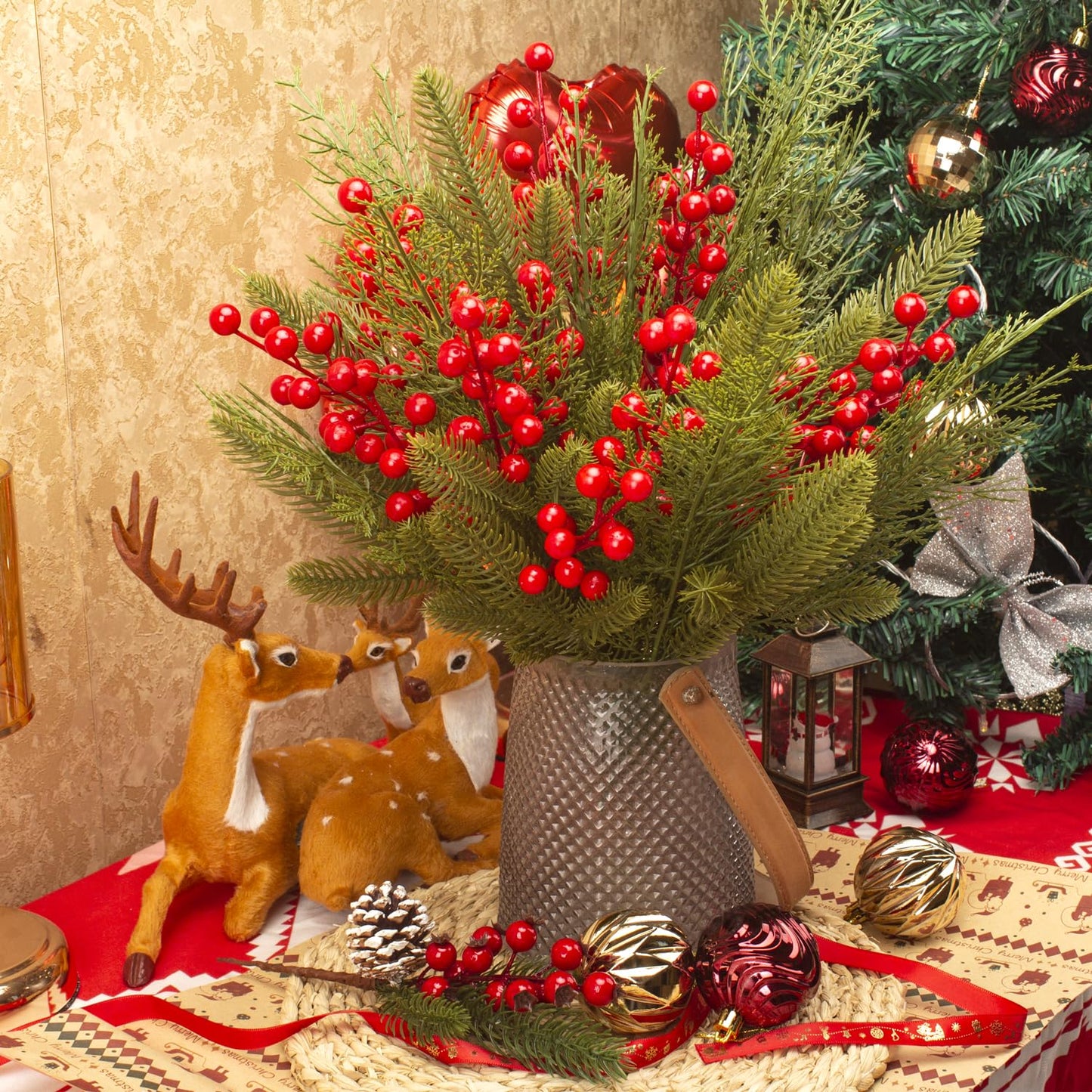 Grunyia 90 PCS Artificial Pine Branches Cedar Stems with Red Holly Berries - Perfect Faux Pine Greenery Stems for Christmas Tree, Wreath & Garland DIY Crafts Holiday Home Decoration