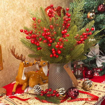 Grunyia 90 PCS Artificial Pine Branches Cedar Stems with Red Holly Berries - Perfect Faux Pine Greenery Stems for Christmas Tree, Wreath & Garland DIY Crafts Holiday Home Decoration