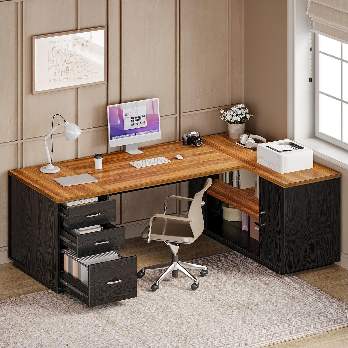 LITTLE TREE 87-Inch Modern Executive Desk with File Cabinet, Large Home Office Desk with Drawers, 3-Drawer Wooden File Cabinet, Spacious Workstation for Home Office (Brown & Black)