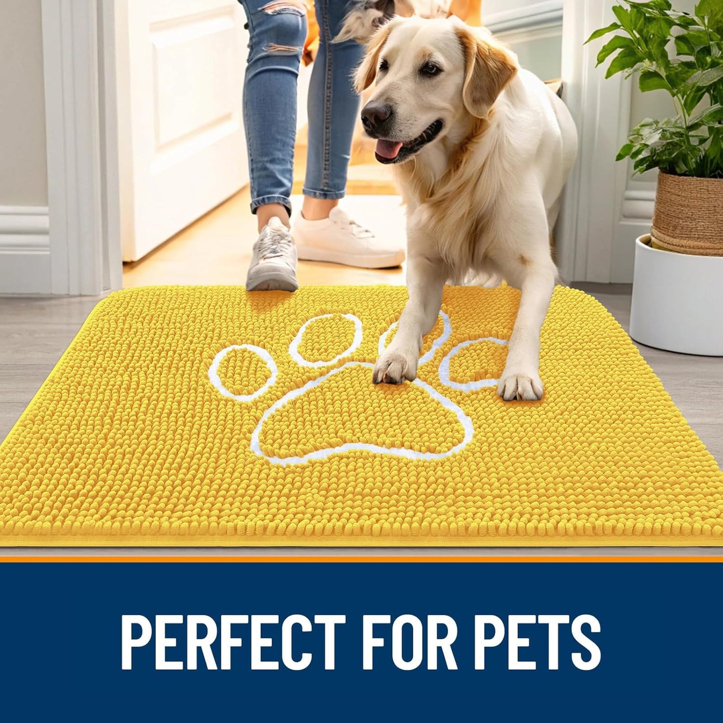 OLANLY Dog Door Mat - Absorbent Non-Slip Mud Mat for Muddy Paws | 48x30, Paw Print Design, Quick Dry Yellow