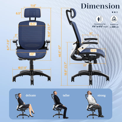 GABRYLLY Ergonomic Office Chair, High Back Mesh Desk Chair with Adjustable Headrest, Flip-Up Arms, 90-120° Tilt Lock, Lumbar Support and Comfy Seat, Swivel Computer Task Chair, Blue