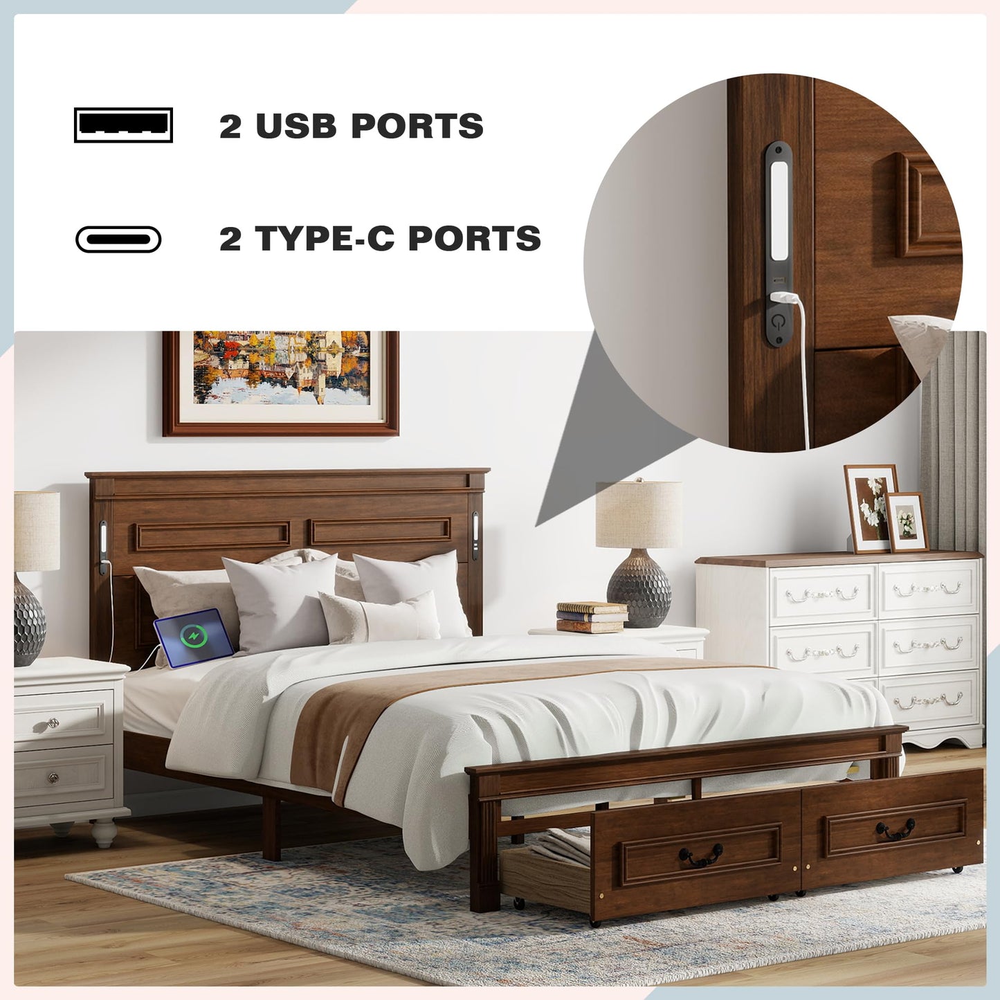 KEIKI Queen Size Farmhouse Bed Frame with 2 Storage Drawers & LED Lights & USB-C Charging Ports, Solid Wood Platform Bed with Tall Panel Headboard & Footboard, No Box Spring Needed, Walnut