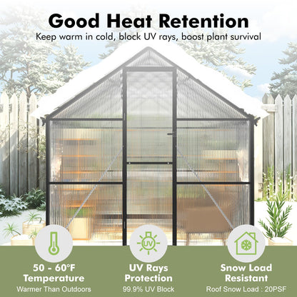 8X10FT Greenhouses for Outdoors with Electronic Thermometers, Green Houses for Outside with Drainage Channel Roof Vent for Backyard, Walk-in Greenhouse Kit Withstands Strong Wind or Snow