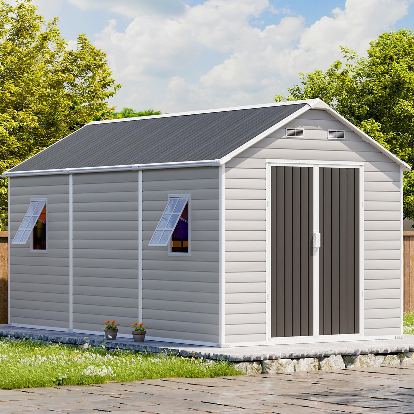 CDCASA 8x14 FT Resin Storage Shed with Floor Included, Steel‑Reinforced Large Waterproof Outside Plastic Storage Sheds with Base, 2 Adjustable Openable Window for Garden Backyard Patio Lawn, Dove Grey