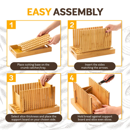 Bread Slicer for Homemade Bread - Bambüsi Upgraded Adjustable Bamboo Bread Cutter Board, Foldable Slicing Guide with Crumb Tray for Sourdough, Artisan Loaves, Bagels, Cakes, Bakery Kitchen Gadget Gift