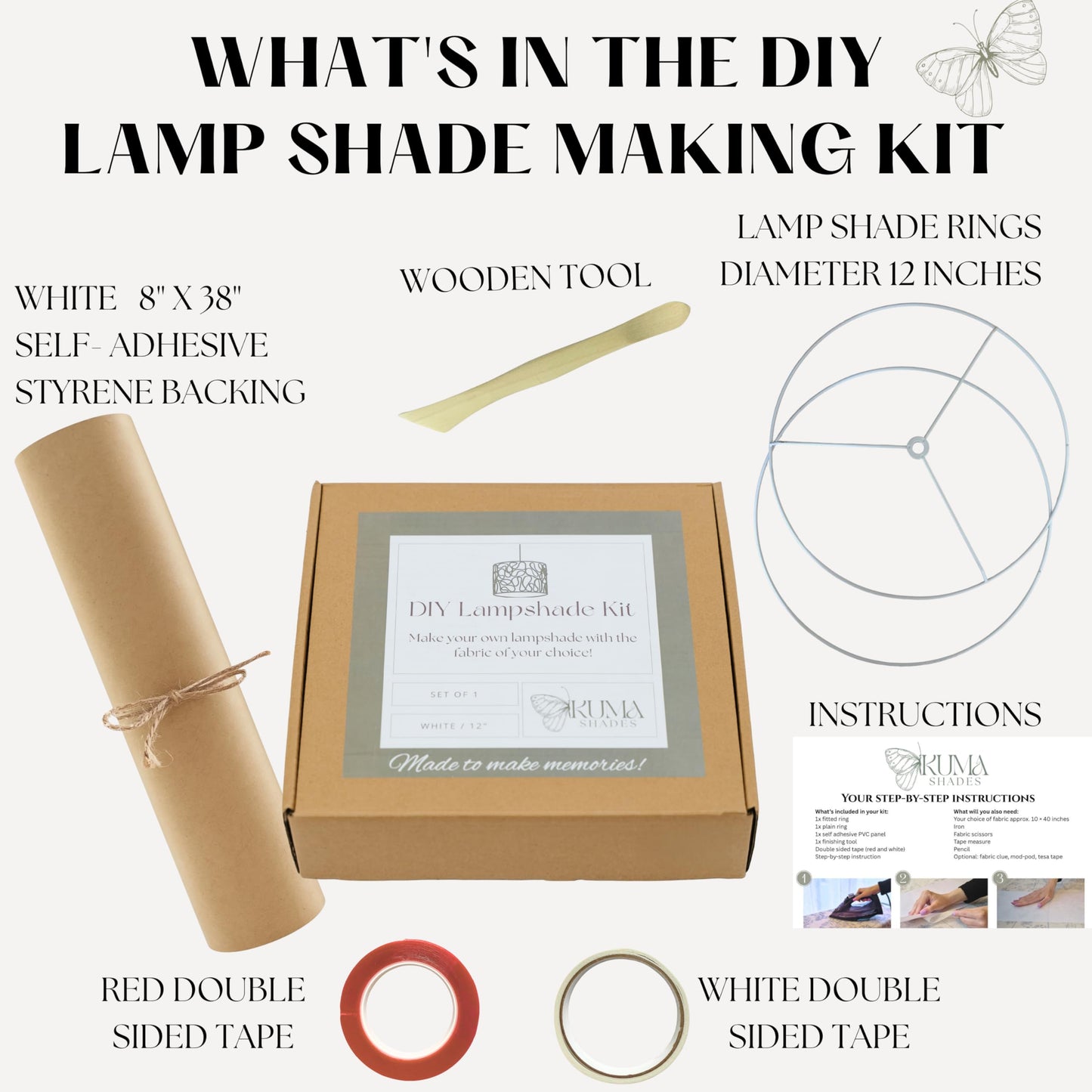 DIY Lampshade Kit 8"x12" White – DIY Lamps Shade Making Kit with All Materials - Self-Adhesive Lampshade Backing, Metal Rings, Double Sided Tape and Instructions, No Fabric Included – Adult Craft Kit