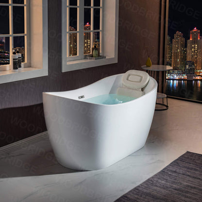 WOODBRIDGE B0016 C 59" Freestanding Bathtub Contemporary Soaking Tub, White Acrylic Drain/Overflow, B-0016 Chrome+ Pillow