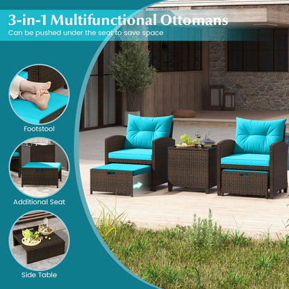 Tangkula 5 Pieces Patio Conversation Set, PE Wicker Outdoor Furniture Set with 2 Chairs, 2 Ottomans & Tempered Glass Coffee Table, Ideal for Poolside, Backyard, Lawn, Deck, Mix Brown & Turquoise