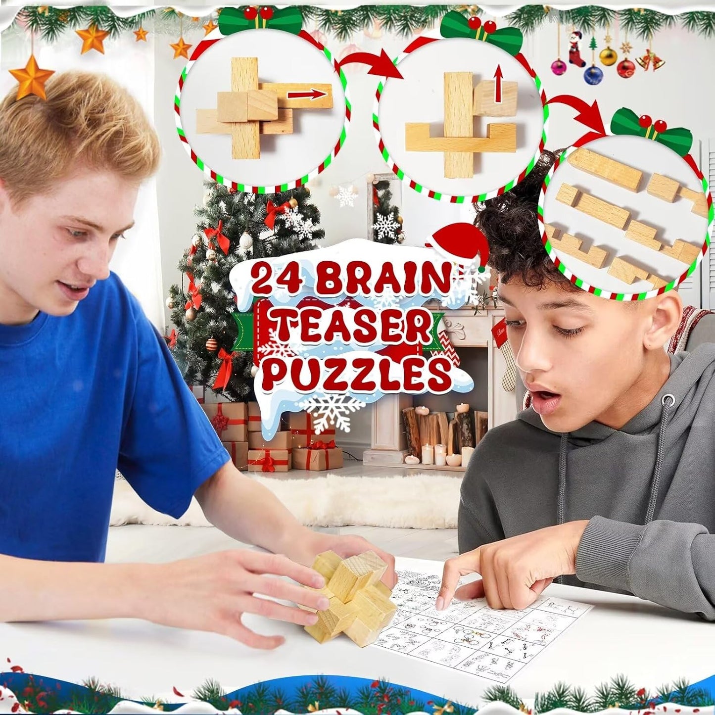 2026 24 Countdown Advent Calendar - Brain Teaser Puzzles for Teens Adults Older Kids, Pcs Metal & Wood Puzzle Christmas