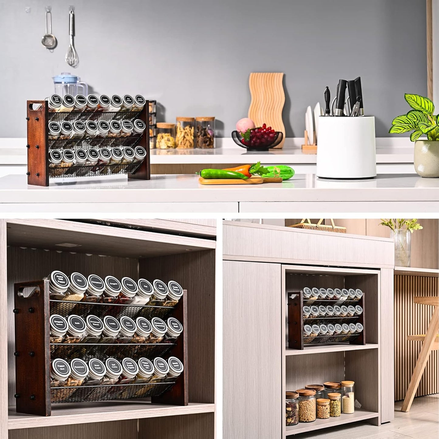 Spice Rack Organizer for Cabinet, Wooden Spice Jar Organizer with 24 Empty Jars and 180 Spice Labels for Kitchen