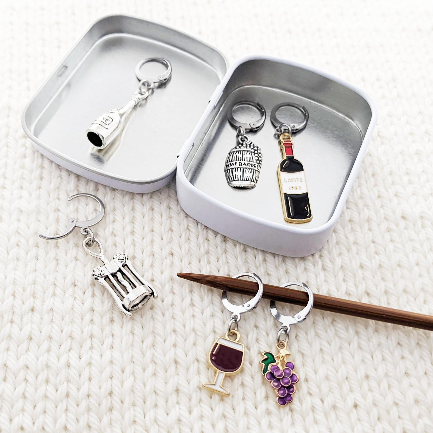 Pretty Warm Designs Wine Lover Locking Stitch Markers - Sip & Stitch Progress Keepers for Knitters and Crocheters - Set of 6 Handcrafted Accessories in Hinged Crafting Container