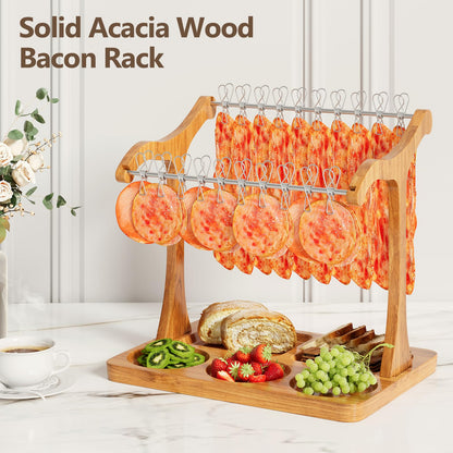 Sueuapp Bacon Display Rack,Patented Design Acacia Bacon Clothesline Serving Tray,Charcuterie Boards with Double Hangers,Exquisite Bacon Tray Holder for Parties,Weddings,Housewarming Gifts