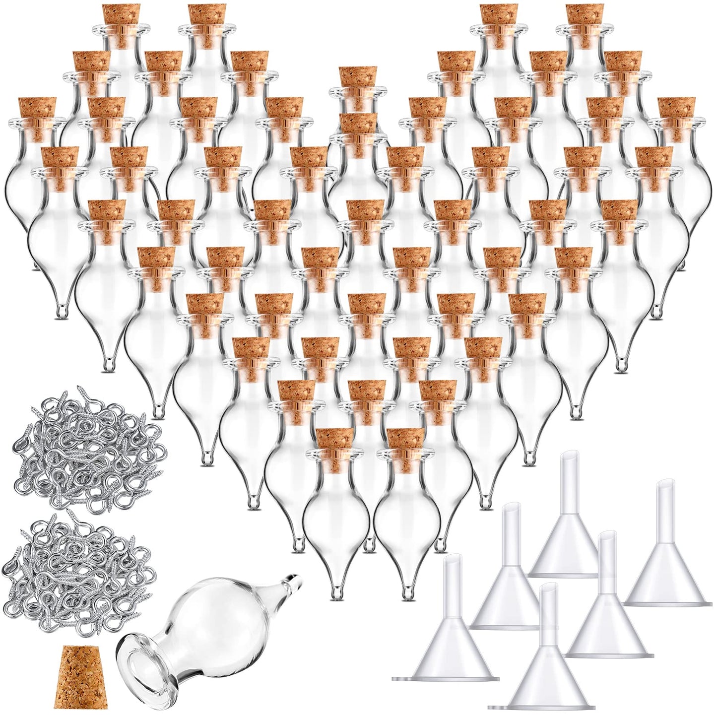 Geiserailie Mini Glass Bottles Potion Teardrop Shaped Glass Bottles Jars with Cork Stoppers with Eye Screws and Small Funnels for Christmas Birthday Party Favors DIY Art Crafts(186 Pieces)