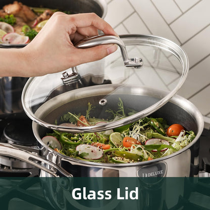 DELUXE Hybrid Ceramic Nonstick 3-Quart Saucepan with Tempered Glass Lid, Stainless Steel Pot with Stay-Cool Handle, Dishwasher Oven Safe, Induction Ready, PFOA Free Compatible with All Cooktops