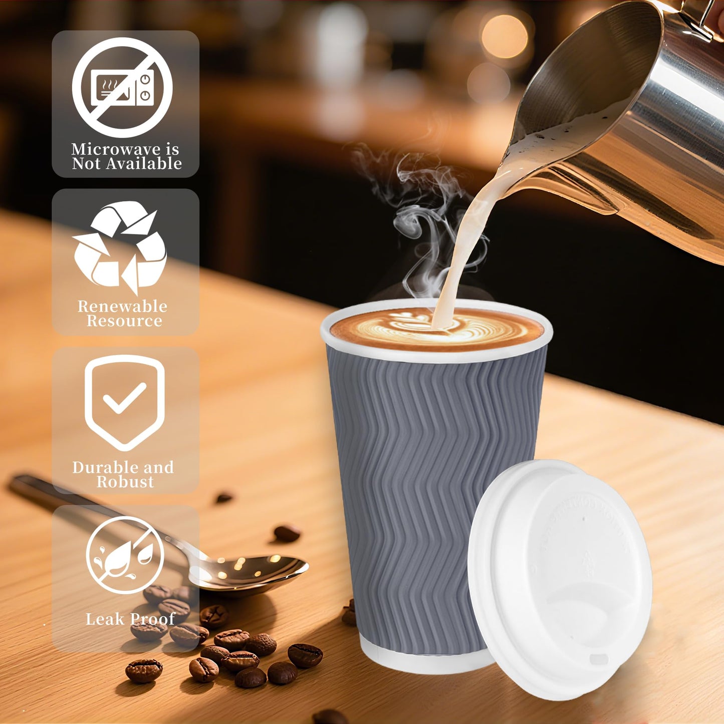 LEAGIM 100 Set - 16 oz Coffee Cups with Lids, Disposable Insulated Corrugated Paper Cups, Double Wall Ripple To Go Cups for Hot Drinks, Chocolate, Cocoa (Grey)