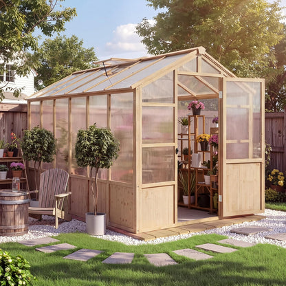 GarveeLife 6'x12' Wooden Greenhouse for Outdoor, Large Walk-in Greenhouse Kit with Ventilated Window, Door & Polycarbonate Panels, Heavy Duty Wood Frame Green House for Patio Garden Backyard