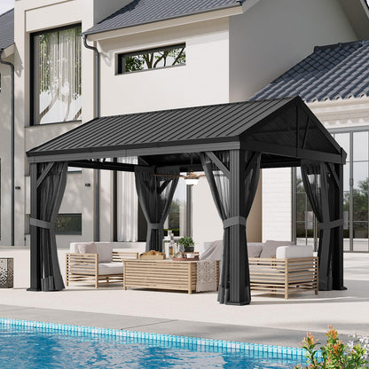 Aoxun 10' X 12' Single Hardtop Gazebo, Aoxun Outdoor Pavilion with Galvanized Steel Gable Roof, Fully Enclosed Netting Permanent Metal Gazebo Canopy for Patio Backyard Garden Deck