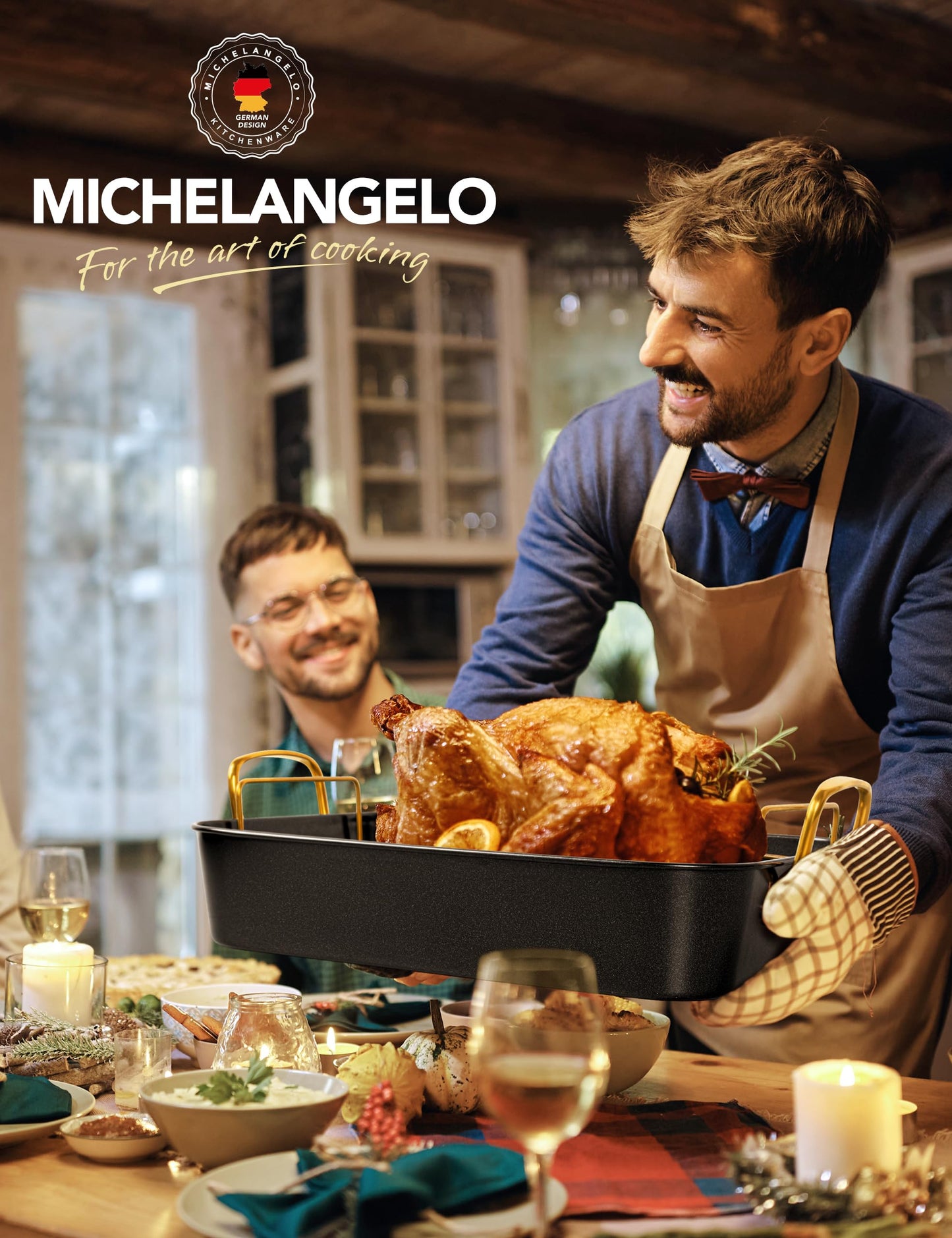 MICHELANGELO Roasting Pan with Rack, Carbon Steel Turkey Roasting Pan for Oven and Induction, Nonstick Turkey Roaster Pan with Stainless Steel Golden Rack & Golden Handle, 15 Inch x 11 Inch