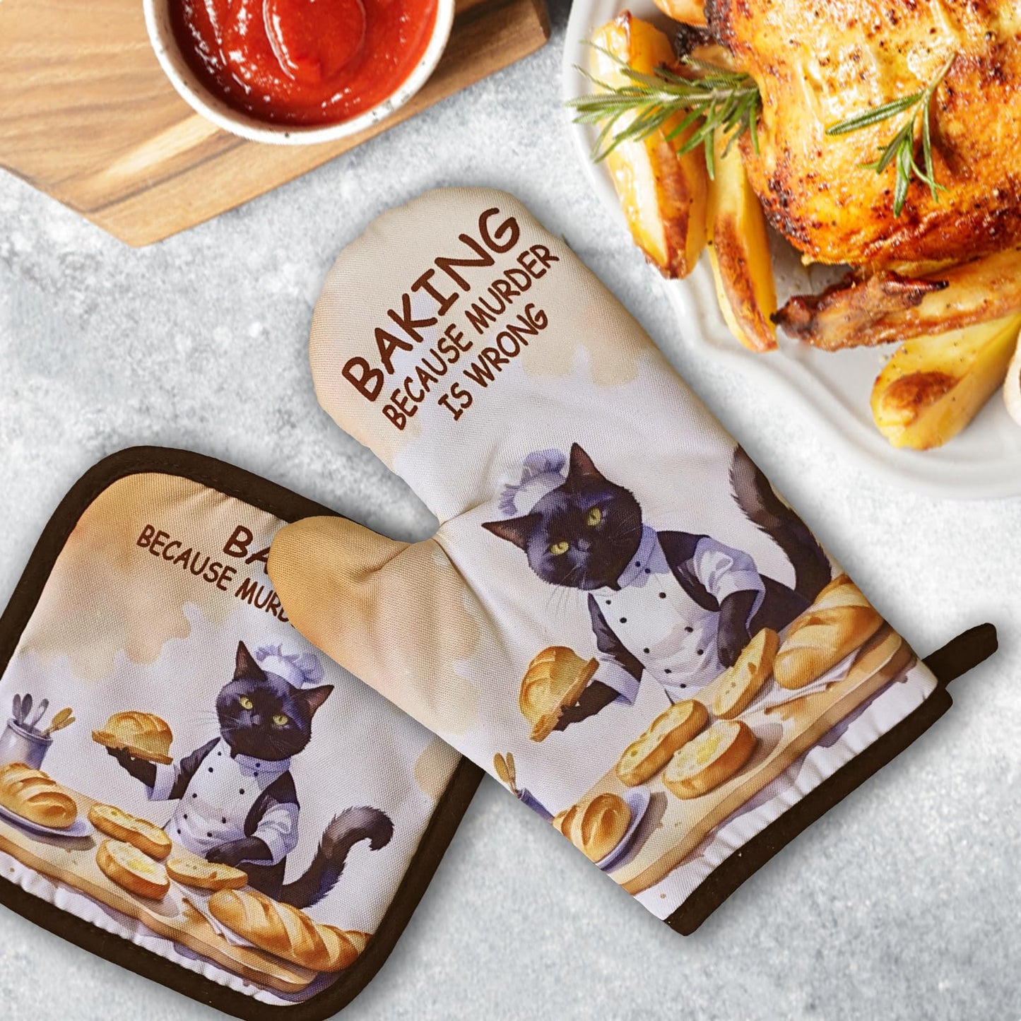 GOSJINNK Funny Baking Cat Oven Mitts and Pot Holders（Set of 2）Baking Because Murder is Wrong Baker Mitts for Kitchen Decor Silicone Non-Slip Oven Mitts Cat Lover Gift Birthday Gift for Friend Chef