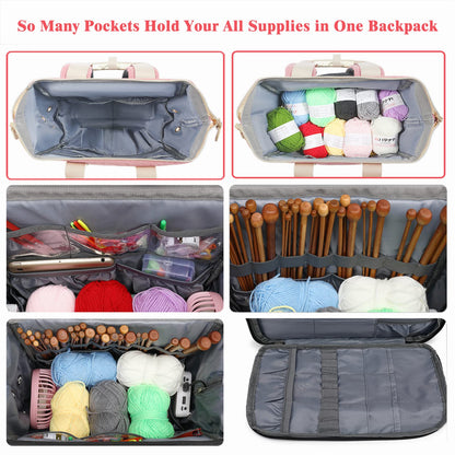 LTINVECK Knitting Bag Backpack,Yarn Storage Organizer Travel Crochet Bag,Large Capacity Tote Bag Yarn Holder Case for Carrying Projects, Knitting Needles, Crochet Hooks Pink