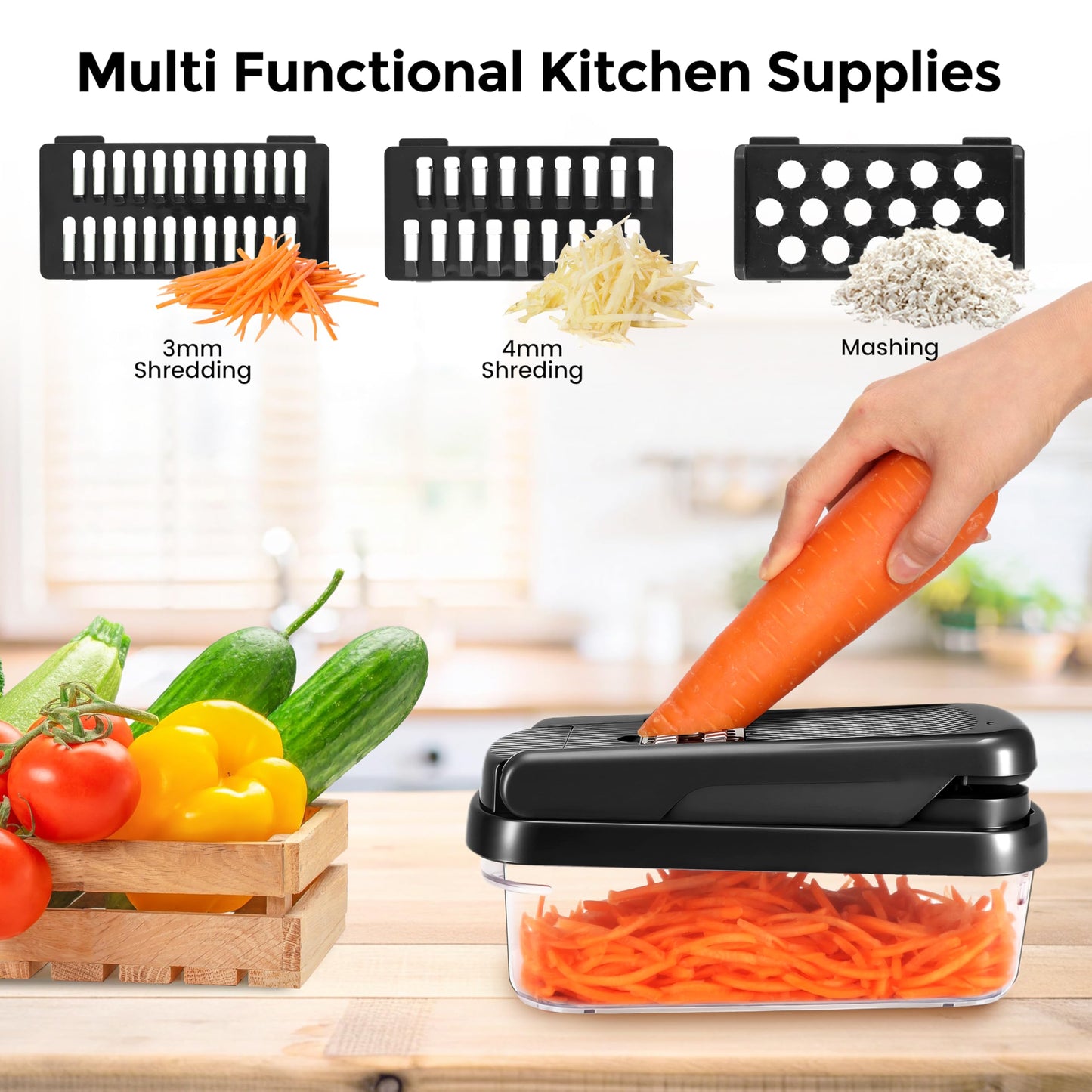 Vegetable Chopper,12-in-1 Multifunctional Food Chopper,Professional Onion Chopper with 7 Blades,Vegetable Cutter with Container for Salad,Potato,Carrot,and Garlic Essential Kitchen Tool (Black)