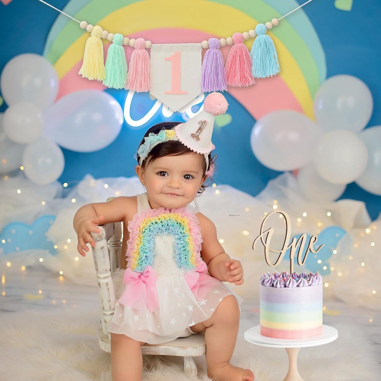 1st Handmade Boho Macaron Theme Birthday High Chair Banner for Baby Girls with Pink First Birthday Cone Hat and One