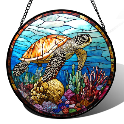 CRISGIF Stained Glass Window Hanging Blue Sea Ocean Coral Turtle Large 11.8" - Suncatcher Door Garden Sunroom Sun Catcher Home Decor Birthday Christmas for Mom Men Woman Nana