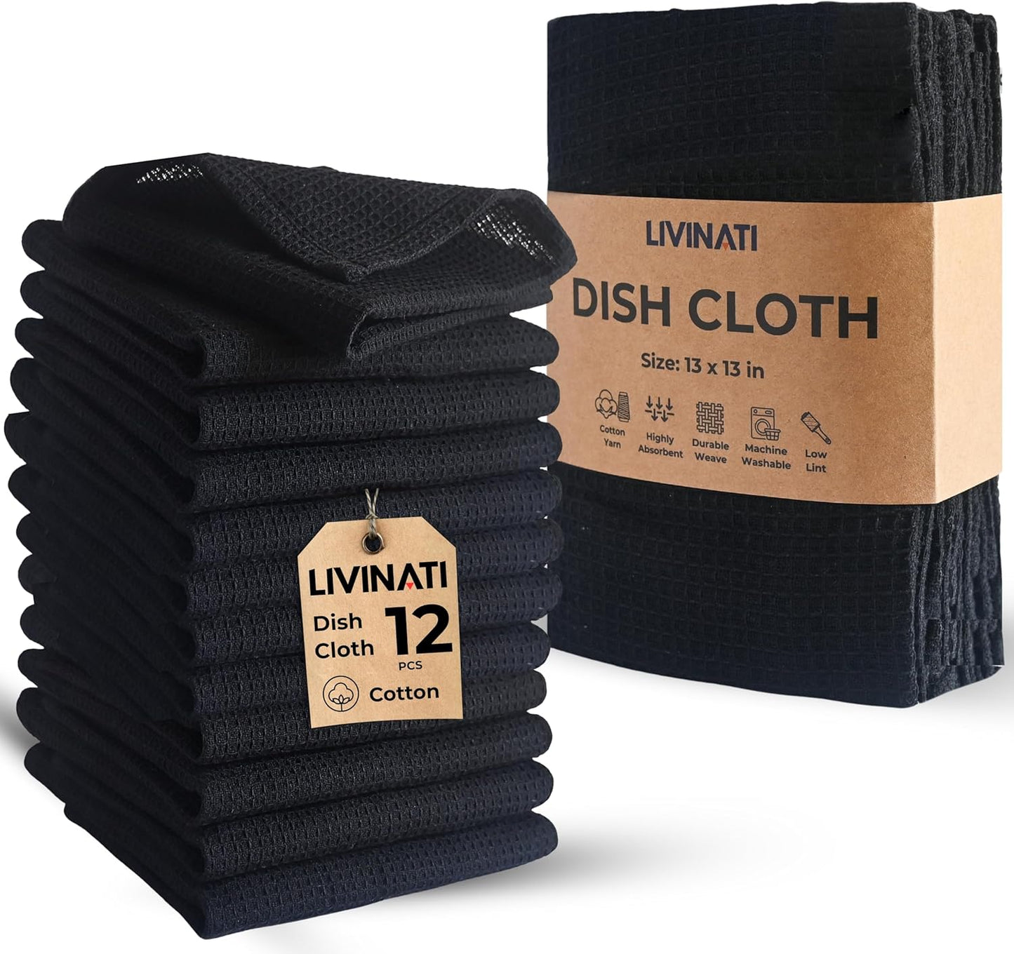 13"x13" Set 12 Kitchen Dish Cloths for Washing Dishes - Waffle Weave Cotton Dish Rag Towel - of Black Kitchen Washcloth