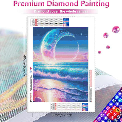 Huacan Diamond Art Kits for Adults AB Diamond Painting Kit 5D Moon Beach Picture DIY Round Drill Gem Art Kit for Beginner Crystal Aurora Diamond Handicraft Gift Home Decor 11.81 * 15.74 inch