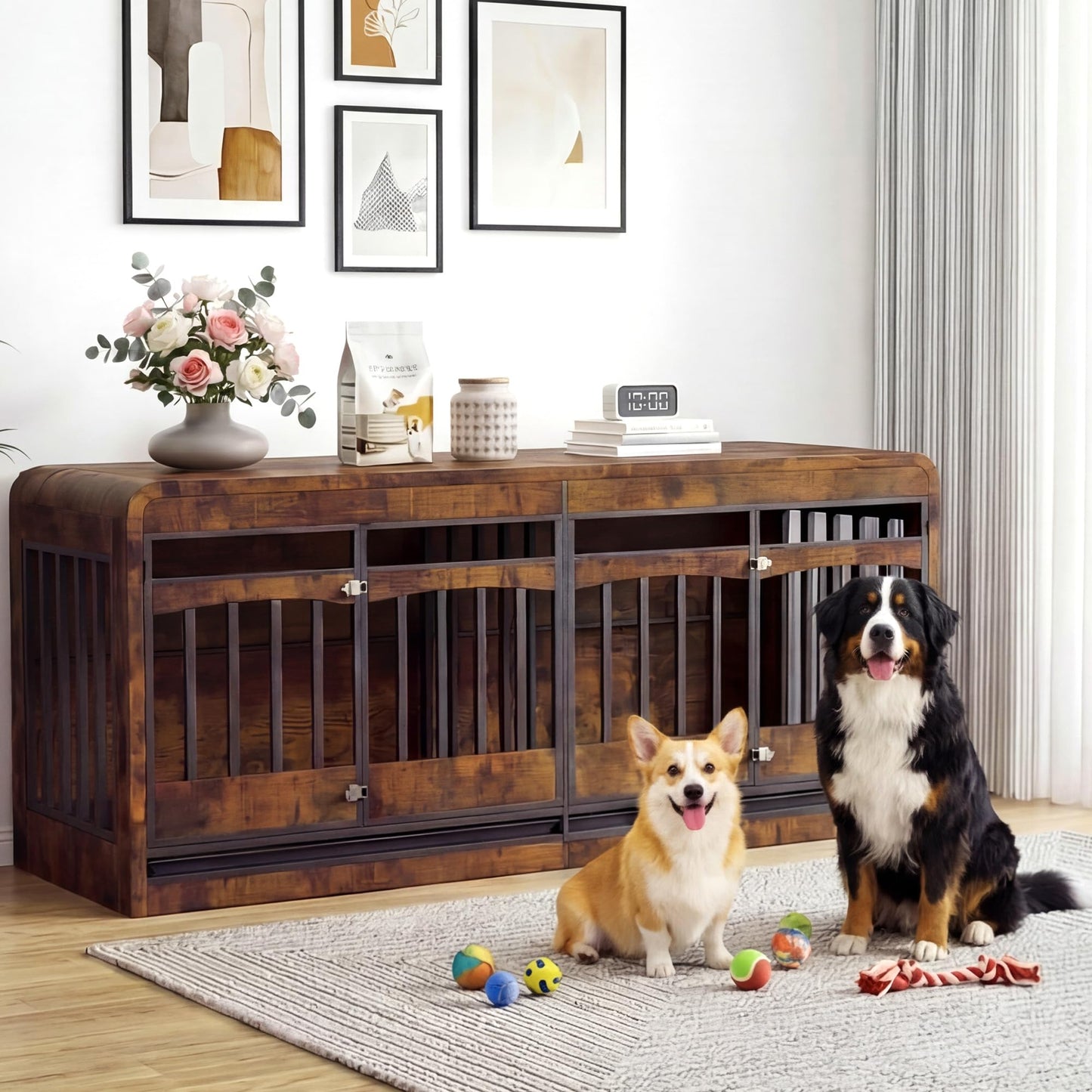 Homiflex 72" Double Dog Crate Furniture, Dog Crates for 2 Medium Large Dogs, Dog Cage TV Stand Side Table Wooden Indoor Dog Kennel with Removable Divider & Pull-Out Tray, Rustic Brown