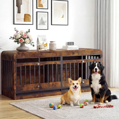 Homiflex 72" Double Dog Crate Furniture, Dog Crates for 2 Medium Large Dogs, Dog Cage TV Stand Side Table Wooden Indoor Dog Kennel with Removable Divider & Pull-Out Tray, Rustic Brown