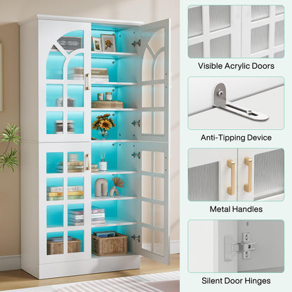 Tribesigns 8-Tier Bookshelf with Doors and LED Lights, 68.9" Tall Bookcase with Adjustable Shelves, Modern Wooden Display Cabinet for Living Room, Home Office, Bedroom, White (1PC)