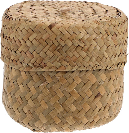 Housoutil Small Handwoven Seagrass Woven Basket with Lid, Natural Storage Box for Flower Pot, Garbage Can, Desktop