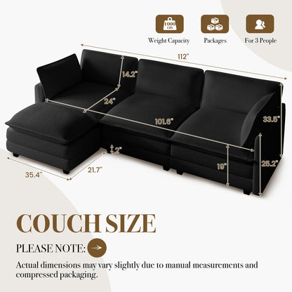 ROWHY 112'' Modular Sectional Cloud Couch with Movable Ottoman, 4 Seat Modern Chenille Sofa with 2 Throw Pillows, Deep Seat L Shaped Couch for Living Room Bedroom Apartment, Black