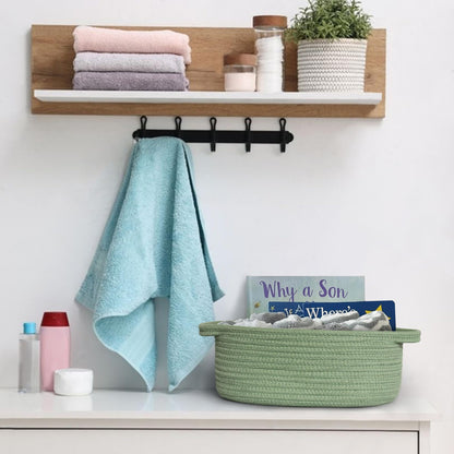 MEGASKET Green Woven Basket, 13" x 9" x 5" Baskets for Gifts Empty, Cute Cotton Rope Cat Dog Toy Bin Box, Small Woven Bin for Organizing, Green Room Decor, Nursery Baby Cloth Diaper Storage Organizer