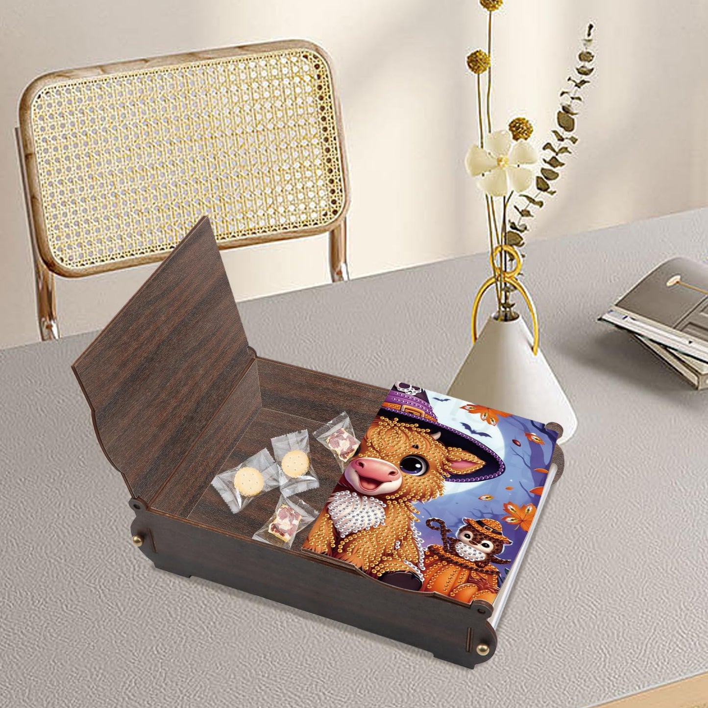antor DIY Diamond Painting Wooden Storage Box, Halloween Cow and Pumpkin Special Shaped Rhinestone Art Flip Cover Organizer, Handmade Desktop Diamond Art Storage Box Decor