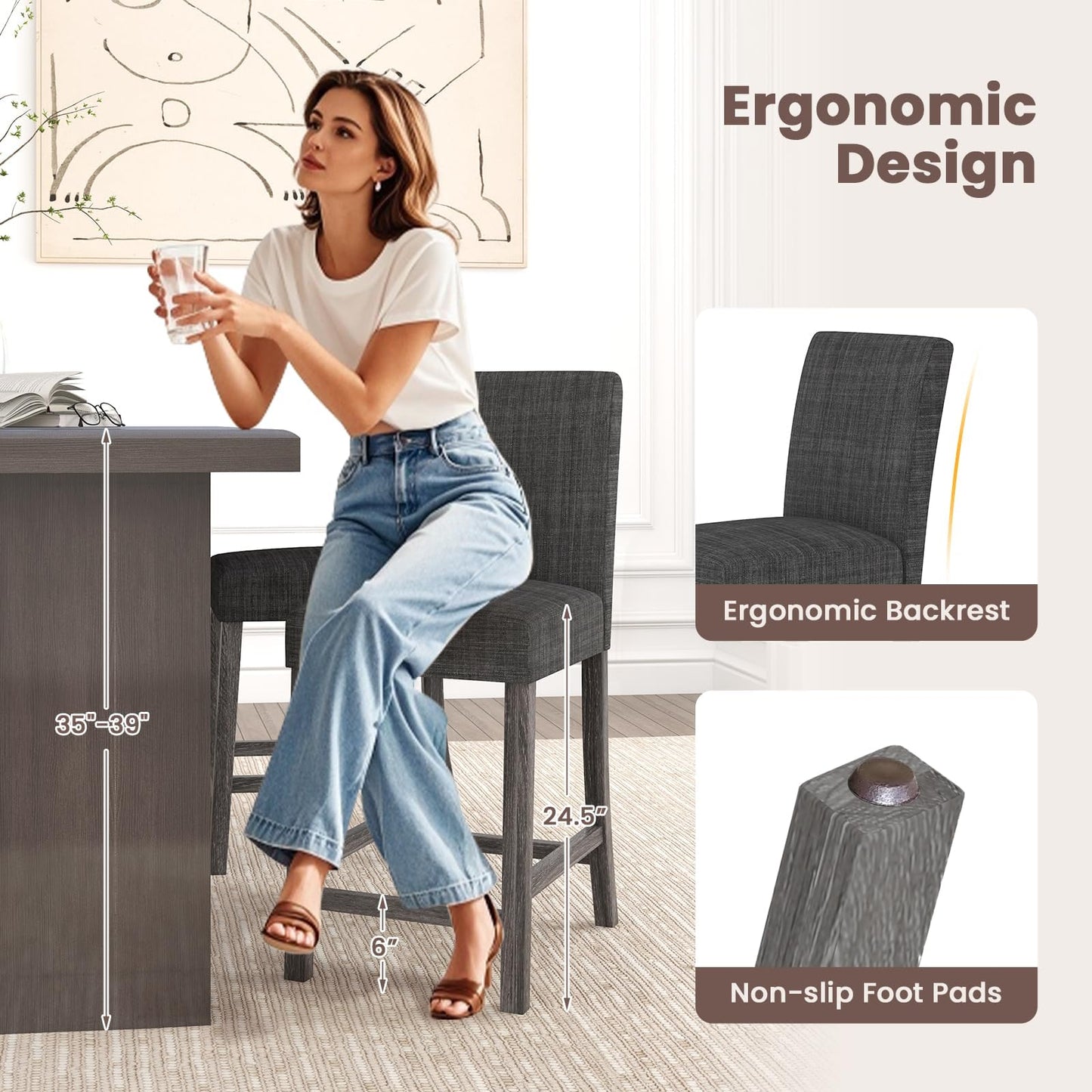 ERGOMASTER Counter Height Bar Stools Set of 4, 24.5'' Fabric Upholstered Barstools Mid Century Modern Island Bar Chairs with Back for Kitchen, Dining Room, Bar, Restaurant, Charcoal Grey