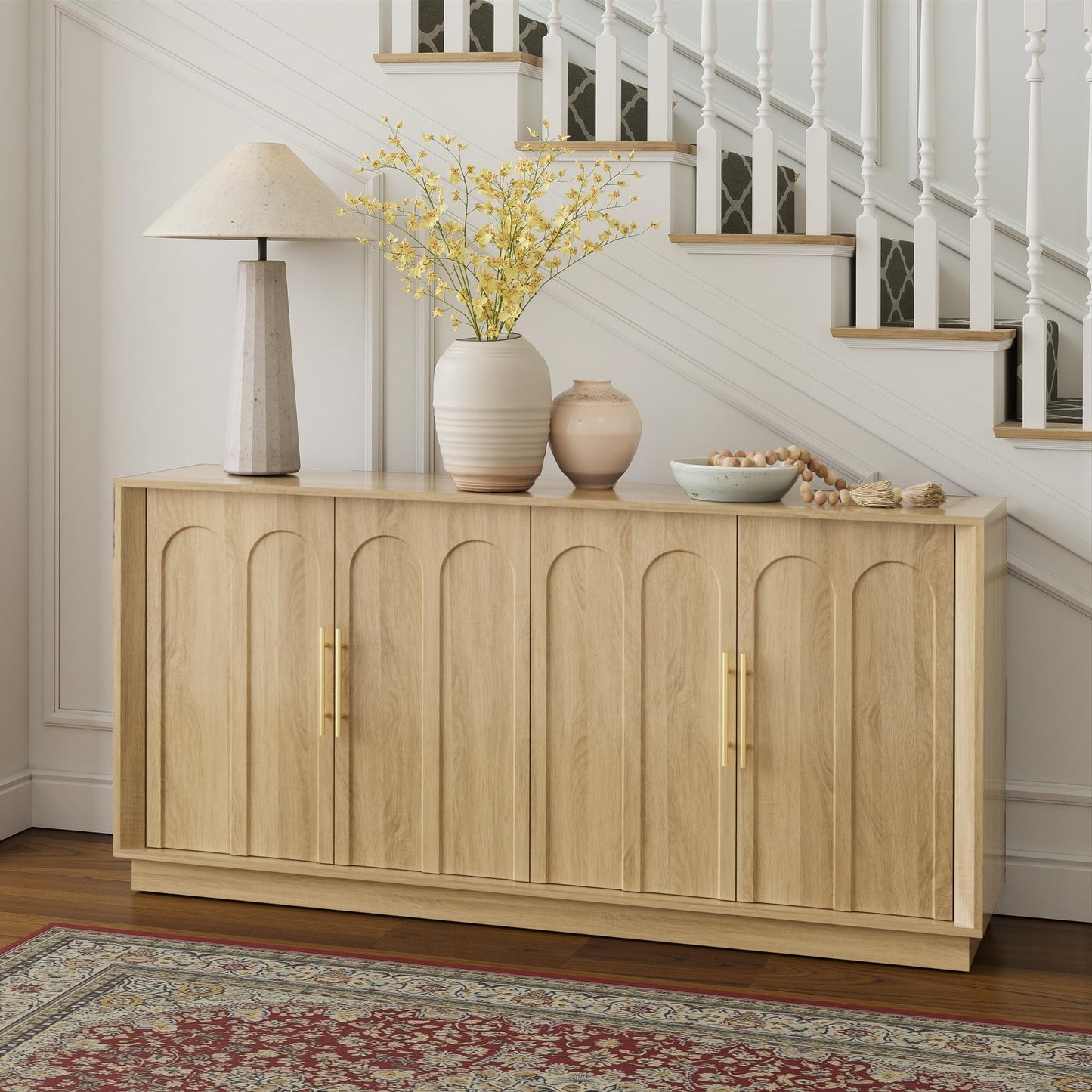 FORTUNETEC Sideboard Buffet Cabinet with Storage, Modern Accent Cabinet with Arched Doors, Boho Modular Media Console, 67" Large Minimalist Credenza for Living Room Kitchen Dining Room Entryway, Oak