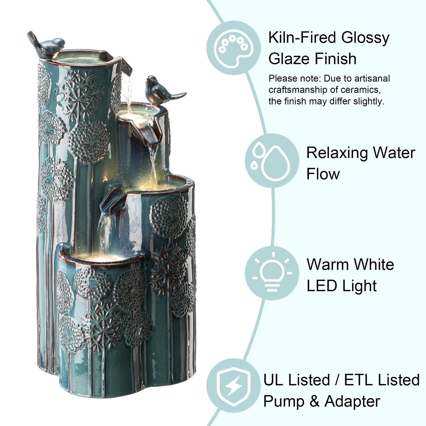 Glitzhome 31.75" H Outdoor Water Fountain with LED Lights and Pump, 4 Tier Dandelion Texture Vase Shaped Ceramic Floor Standing Fountain with Birds for Porch Deck Garden Patio Backyard, Turquoise