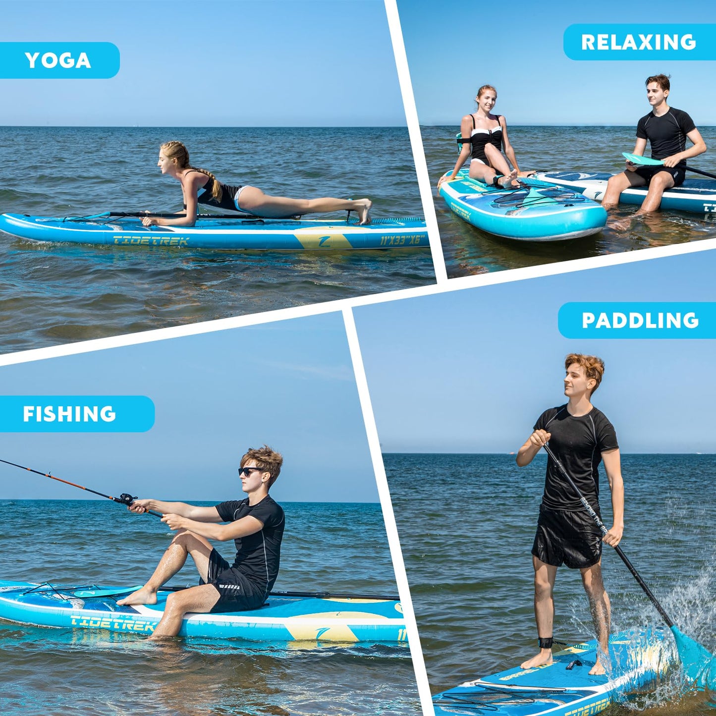 TIDETREK 11'/11'6" x 33"/34" x 6" Inflatable SUP Paddle Board – Extra-Wide, Stable Stand Up Paddle Board with Premium Full Accessory Set for Adults & Youth (Blue Turtle, 11'x33 x6)